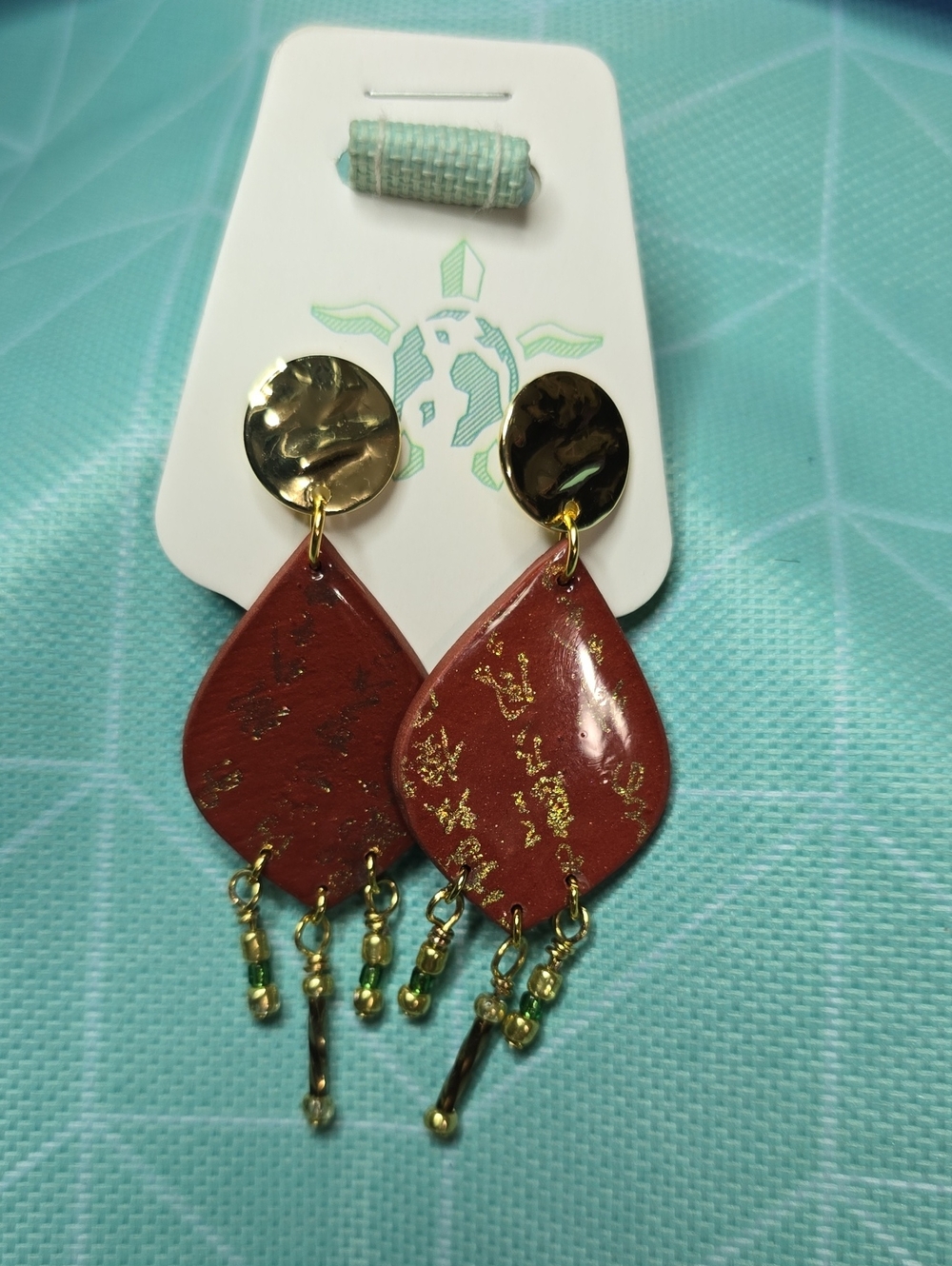 Red Drop Earrings With chameleon Asian Script And Bead Tassel Detail